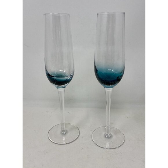 Set Of 2 Pier 1 One Crackle Glass Teal Blue Champagne Glasses Flutes 10" Tall - Picture 1 of 9
